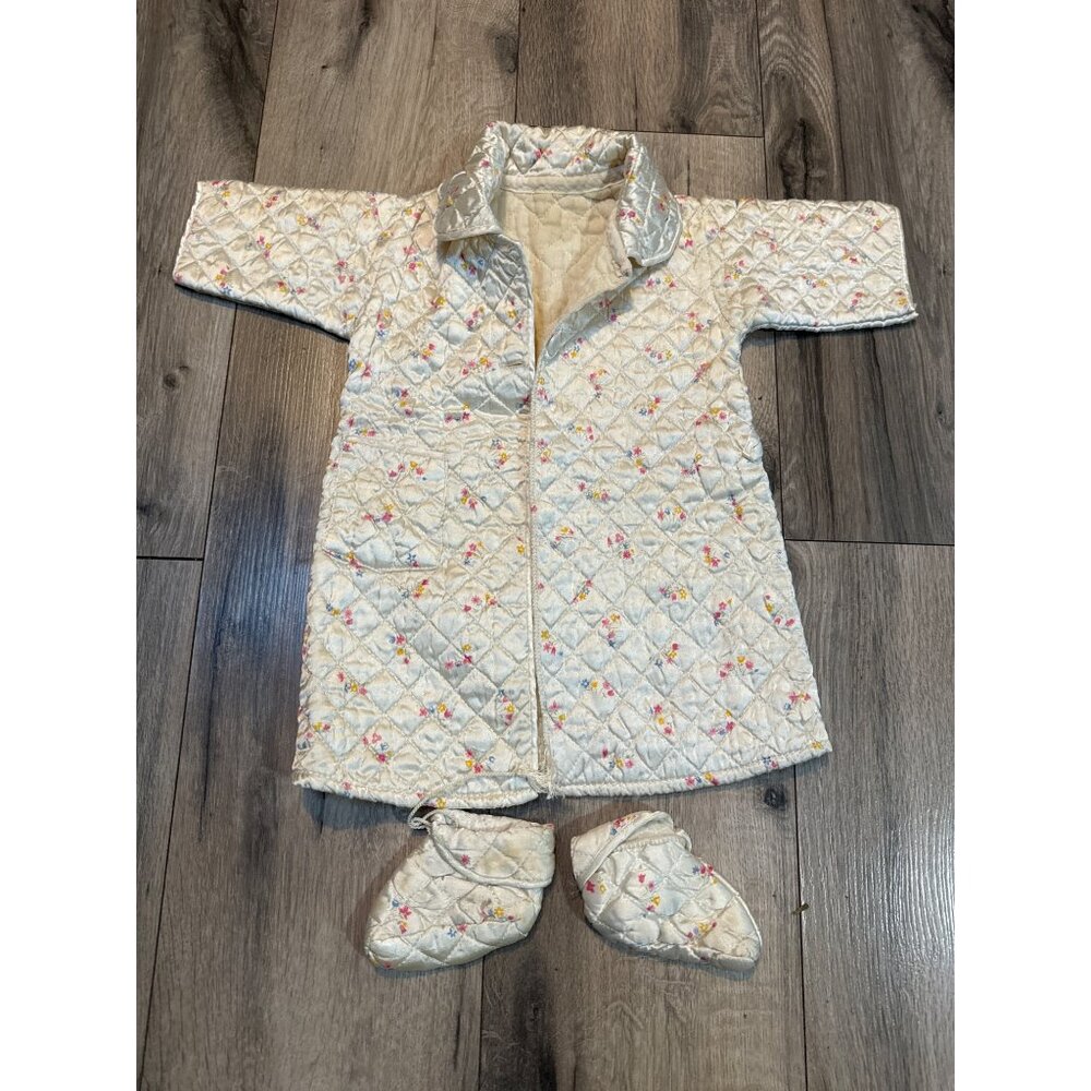 Vintage Baby Satin Quilted Floral Coat & Booties Set With Pockets